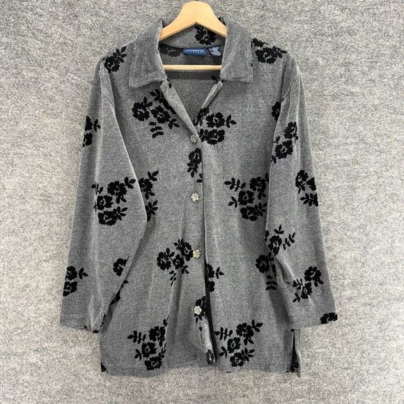 Liz Claiborne Shirt Women M Medium Gray Floral Button Up Collared Long Sleeve - Picture 1 of 6
